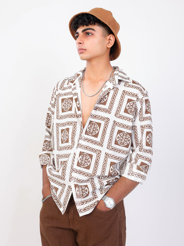 Chokda hand block printed cotton shirt with bucket hat