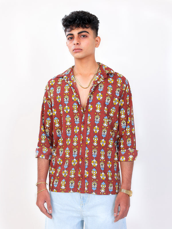 Gulmahor hand block printed cotton shirt front view