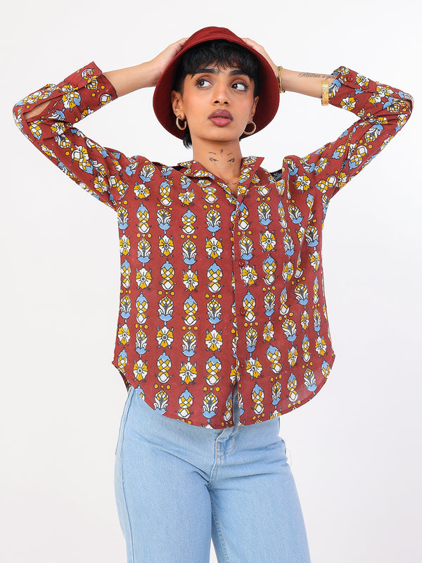 Gulmahor hand block printed cotton shirt with bucket hat