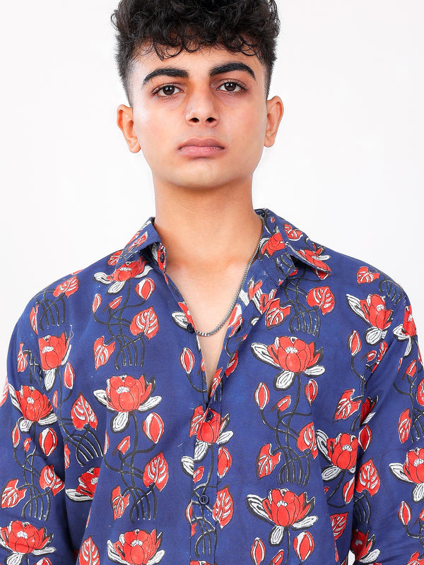 Phool Baag hand block printed cotton shirt closeup view