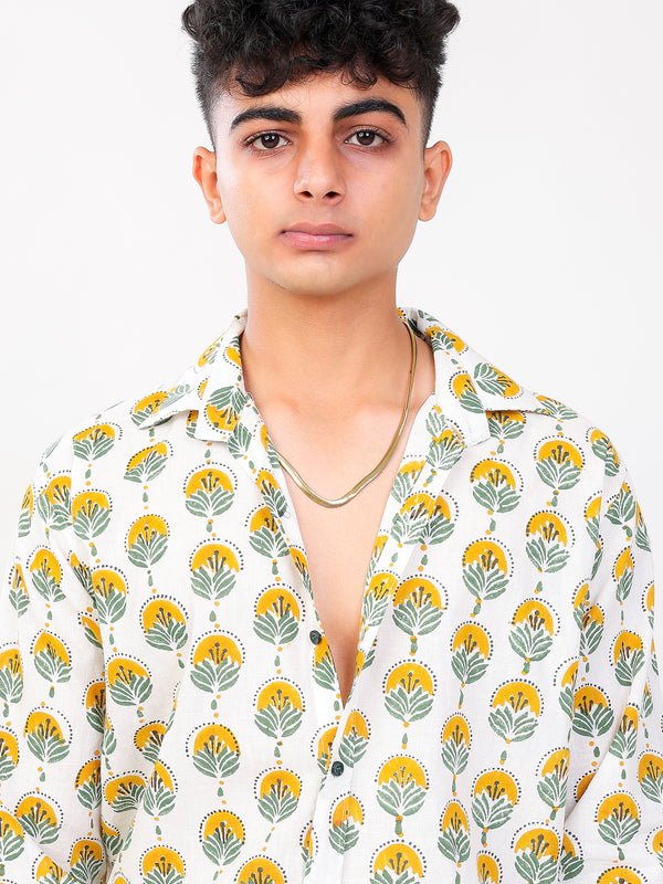 Sun and Leaf hand block printed cotton shirt closeup view