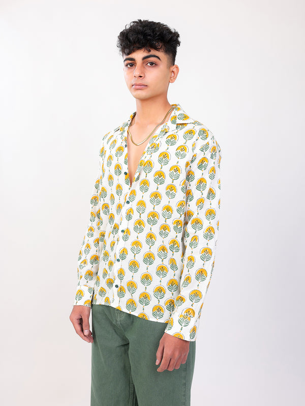 Sun and Leaf hand block printed cotton shirt side view