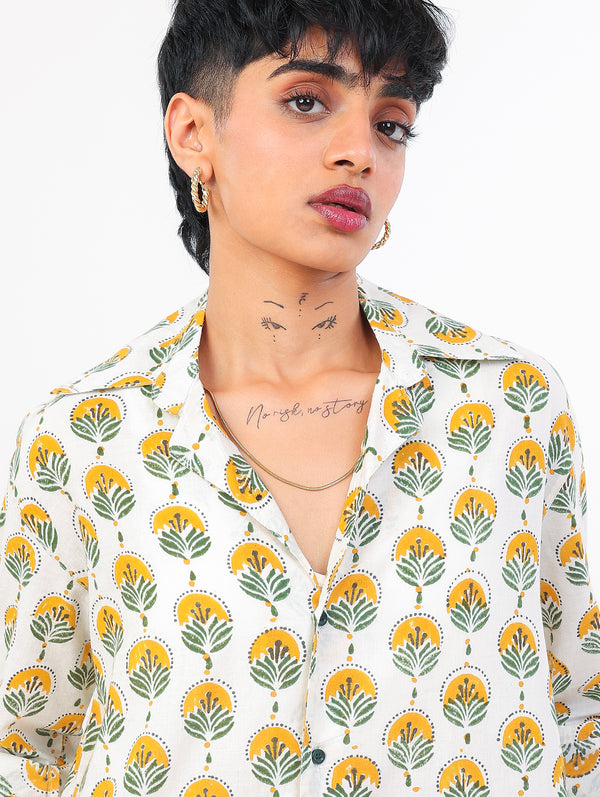Sun and Leaf hand block printed cotton shirt closeup view