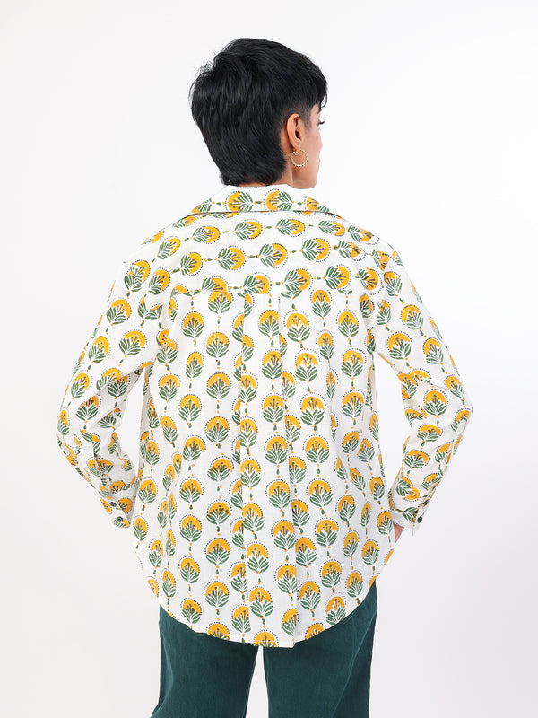 Sun and Leaf hand block printed cotton shirt back view