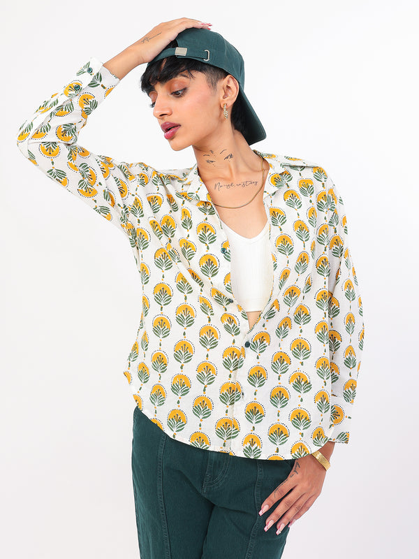 Sun and Leaf hand block printed cotton shirt with cap