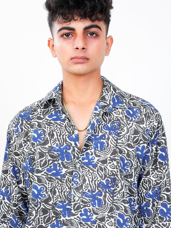 Bhoolbhulaiya hand block printed cotton shirt closeup view
