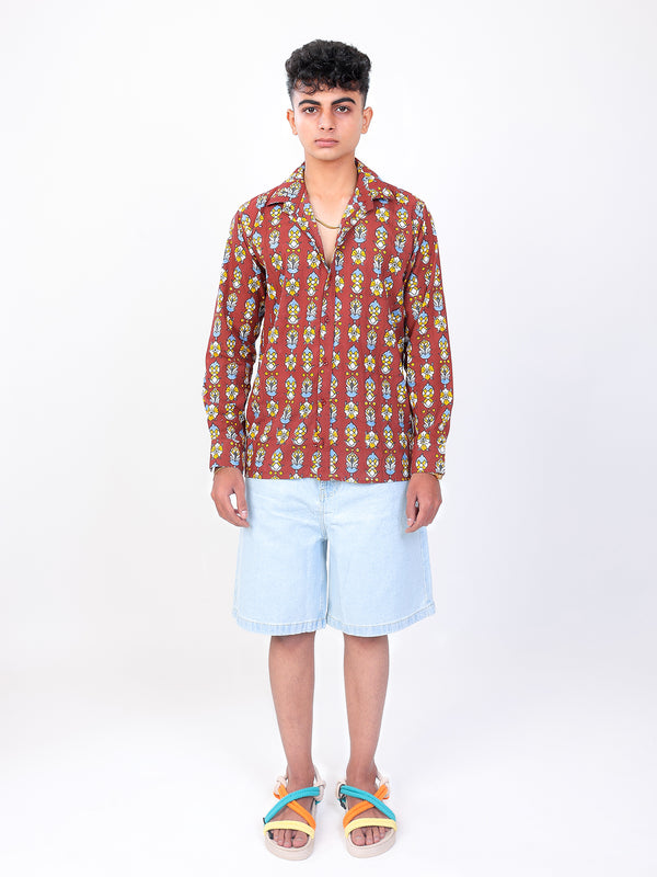 Gulmahor hand block printed cotton shirt front full view