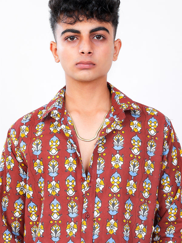 Gulmahor hand block printed cotton shirt closeup view