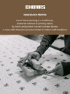 Hand block printing process with text about traditional printing method