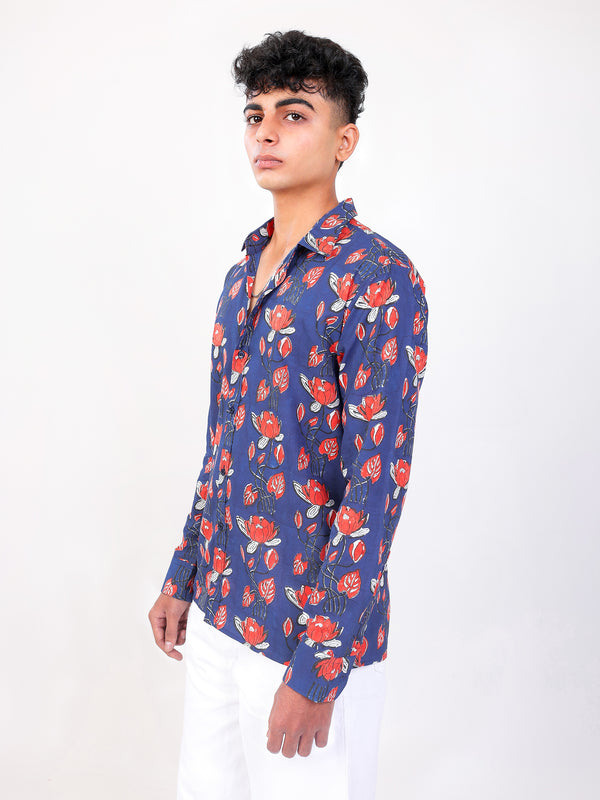 Phool Baag hand block printed cotton shirt side view