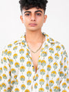Sun and Leaf hand block printed cotton shirt closeup view