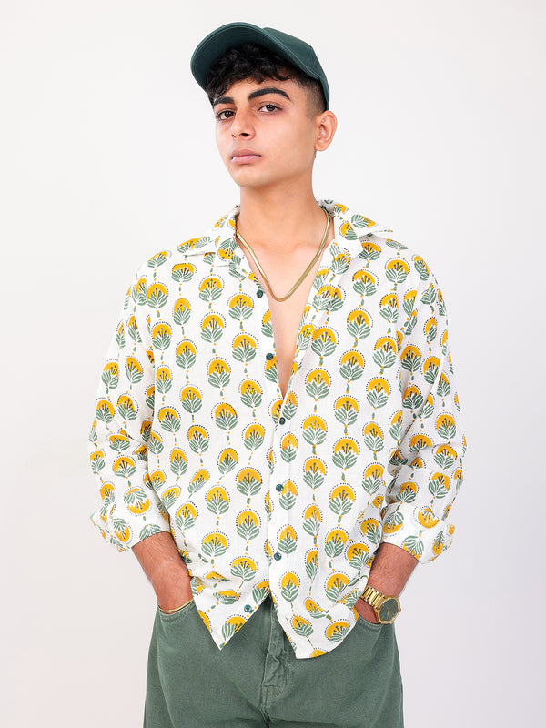 Sun and Leaf hand block printed cotton shirt with cap